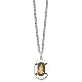Chisel Stainless Steel Polished with 14K Gold Accent Praying Hands with Black Enamel Pendant on a 24 inch Curb Chain Necklace — alternate view
