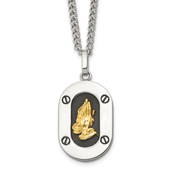 Chisel Stainless Steel Polished with 14K Gold Accent Praying Hands with Black Enamel Pendant on a 24 inch Curb Chain Necklace