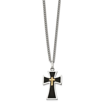 Chisel Stainless Steel Polished with Diamond-cut 14K Gold Accent  with Black Enamel Cross Pendant on a 24 inch Curb Chain Necklace — alternate view