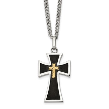 Chisel Stainless Steel Polished with Diamond-cut 14K Gold Accent  with Black Enamel Cross Pendant on a 24 inch Curb Chain Necklace