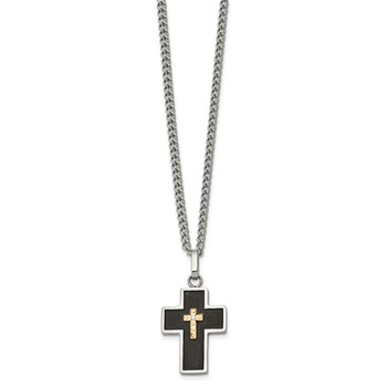 Chisel Stainless Steel Polished with 14K Gold Accent and 2pt. Diamond with Black Enamel Cross Pendant on 24 inch Curb Chain Necklace — alternate view