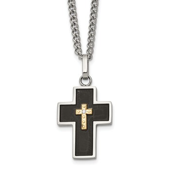 Chisel Stainless Steel Polished with 14K Gold Accent and 2pt. Diamond with Black Enamel Cross Pendant on 24 inch Curb Chain Necklace