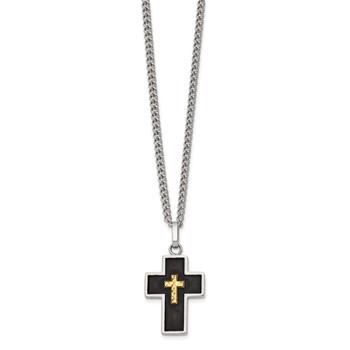 Chisel Stainless Steel Polished with Diamond-cut 14K Gold Accent with Black Enamel Cross Pendant on a 24 inch Curb Chain Necklace — alternate view