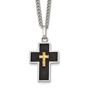 Chisel Stainless Steel Polished with Diamond-cut 14K Gold Accent with Black Enamel Cross Pendant on a 24 inch Curb Chain Necklace