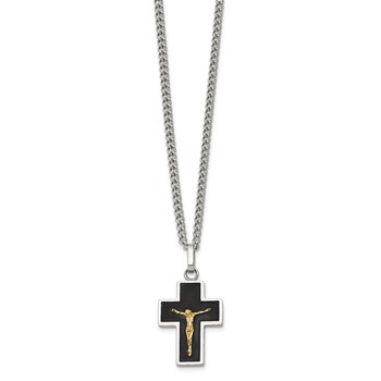 Chisel Stainless Steel Polished with 14K Gold Accent with Black Enamel Crucifix Pendant on a 24 inch Curb Chain Necklace — alternate view