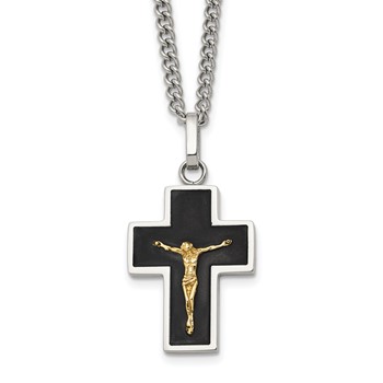 Chisel Stainless Steel Polished with 14K Gold Accent with Black Enamel Crucifix Pendant on a 24 inch Curb Chain Necklace