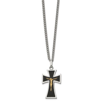 Chisel Stainless Steel Polished with 14K Gold Accent with Black Enamel Crucifix Pendant on a 24 inch Curb Chain Necklace — alternate view