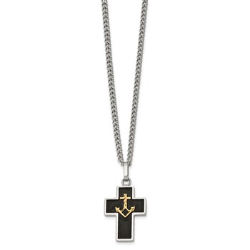 Chisel Stainless Steel Polished with Diamond-cut 14K Gold Accent with Black Enamel Cross and Anchor Pendant on a 24 inch Necklace — alternate view