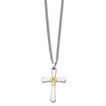 Chisel Stainless Steel Polished with 14K Gold Accent and 3pt. Diamond Cross Pendant on a 24 inch Curb Chain Necklace — alternate view