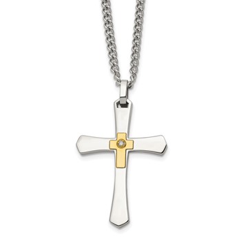 Chisel Stainless Steel Polished with 14K Gold Accent and 3pt. Diamond Cross Pendant on a 24 inch Curb Chain Necklace