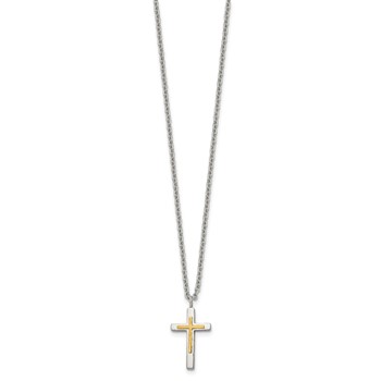 Chisel Stainless Steel Polished with 14K Gold Accent Small Cross Pendant on an 18 inch Cable Chain Necklace — alternate view