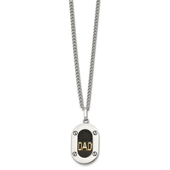 Chisel Stainless Steel Polished with 14K Gold Accent and 1pt Diamond DAD Black Enameled Pendant on a 24 inch Curb Chain Necklace — alternate view