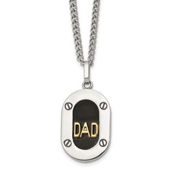 Chisel Stainless Steel Polished with 14K Gold Accent and 1pt Diamond DAD Black Enameled Pendant on a 24 inch Curb Chain Necklace