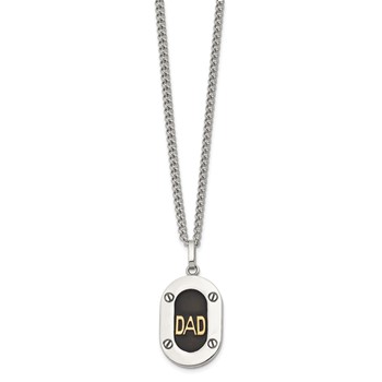 Chisel Stainless Steel Polished with 14K Gold Accent DAD with Black Enameled Pendant on a 24 inch Curb Chain Necklace — alternate view