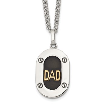 Chisel Stainless Steel Polished with 14K Gold Accent DAD with Black Enameled Pendant on a 24 inch Curb Chain Necklace