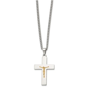 Chisel Stainless Steel Polished with 14K Gold Accent Crucifix Pendant on a 24 inch Curb Chain Necklace — alternate view