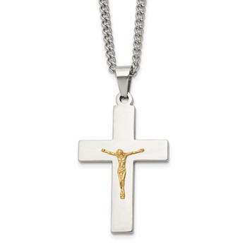 Chisel Stainless Steel Polished with 14K Gold Accent Crucifix Pendant on a 24 inch Curb Chain Necklace