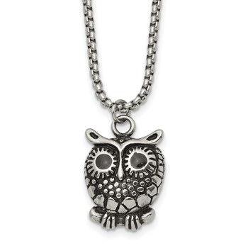 Chisel Stainless Steel Polished Black Enameled Owl Pendant on a 24 inch Box Chain Necklace
