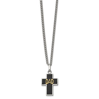 Chisel Stainless Steel Polished with 14K Gold Accent DAD with Black Enamel Cross Pendant on a 24 inch Curb Chain Necklace — alternate view
