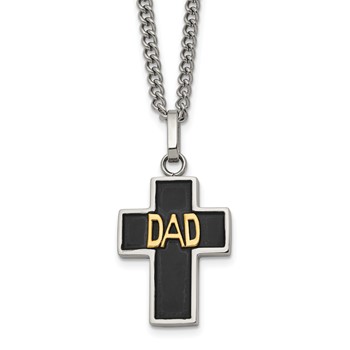 Chisel Stainless Steel Polished with 14K Gold Accent DAD with Black Enamel Cross Pendant on a 24 inch Curb Chain Necklace