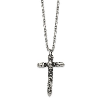 Chisel Stainless Steel Antiqued and Polished with Black Crystal Large Cross Pendant on a 24 inch Cable Chain Necklace — alternate view