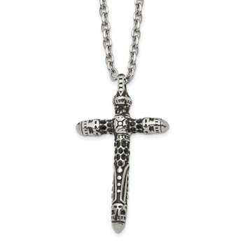 Chisel Stainless Steel Antiqued and Polished with Black Crystal Large Cross Pendant on a 24 inch Cable Chain Necklace