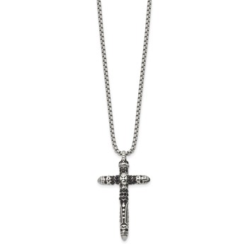 Chisel Stainless Steel Antiqued and Polished with Black Crystal Small Cross Pendant on a 24 inch Box Chain Necklace — alternate view