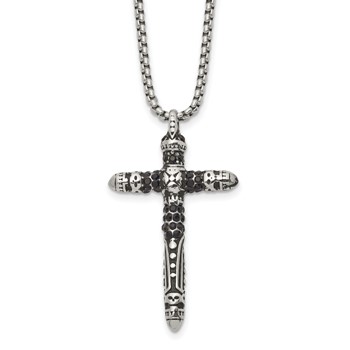 Chisel Stainless Steel Antiqued and Polished with Black Crystal Small Cross Pendant on a 24 inch Box Chain Necklace