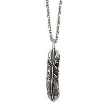 Chisel Stainless Steel Antiqued and Polished Feather Pendant on a 24 inch Cable Chain Necklace — alternate view