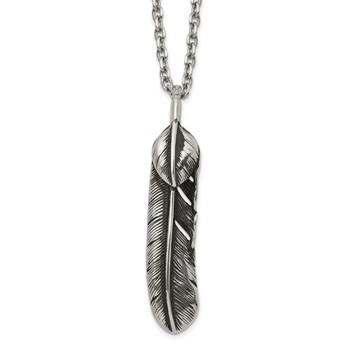 Chisel Stainless Steel Antiqued and Polished Feather Pendant on a 24 inch Cable Chain Necklace