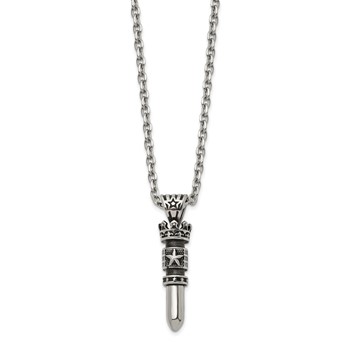 Chisel Stainless Steel Antiqued and Polished Bullet with Crown Pendant on a 24 inch Cable Chain Necklace — alternate view