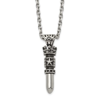 Chisel Stainless Steel Antiqued and Polished Bullet with Crown Pendant on a 24 inch Cable Chain Necklace