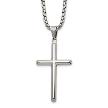 Chisel Stainless Steel Polished Cross Pendant on a 24 inch Box Chain Necklace