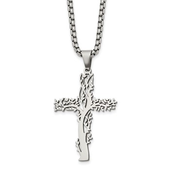 Chisel Stainless Steel Polished Tree Cross Pendant on a 24 inch Box Chain Necklace