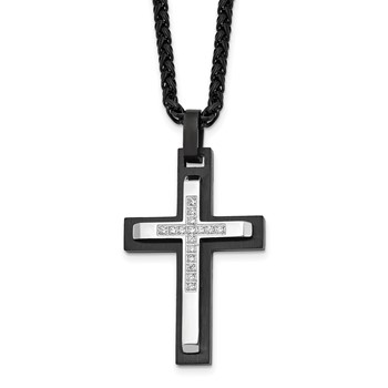 Chisel Stainless Steel Brushed and Polished Black IP-plated with CZ Cross Pendant on a 24 inch Wheat Chain Necklace