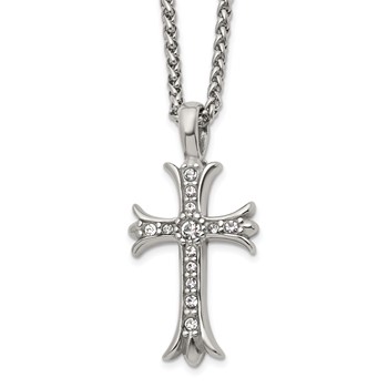 Chisel Stainless Steel Polished with CZ Fancy Cross Pendant on a 24 inch Wheat Chain Necklace