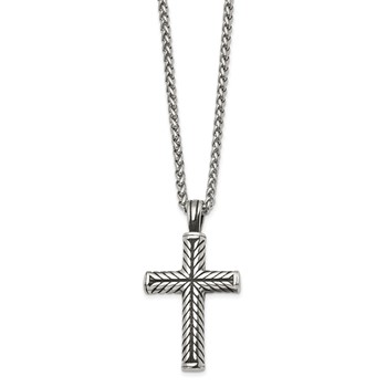 Chisel Stainless Steel Antiqued and Polished Cross Pendant on a 24 inch Wheat Chain Necklace — alternate view