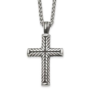 Chisel Stainless Steel Antiqued and Polished Cross Pendant on a 24 inch Wheat Chain Necklace