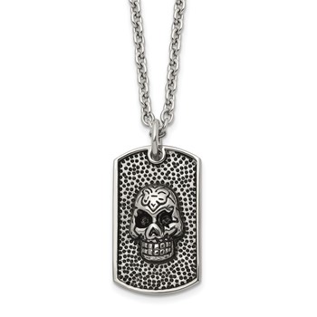 Chisel Stainless Steel Antiqued and Polished Skull Dog Tag on a 24 inch Cable Chain Necklace