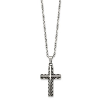 Chisel Stainless Steel Antiqued and Polished Textured Edge Cross Pendant on a 24 inch Cable Chain Necklace — alternate view