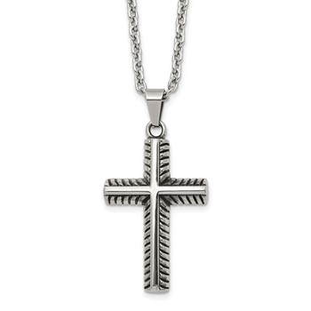 Chisel Stainless Steel Antiqued and Polished Textured Edge Cross Pendant on a 24 inch Cable Chain Necklace