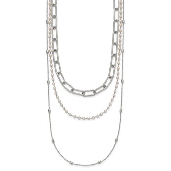 "Chisel Stainless Steel Polished Paperclip Link, Beaded Chain and with White Freshwater Cultured Pearl Layered 13.5 inch Plus a 2 inch Extension Necklace" — alternate view