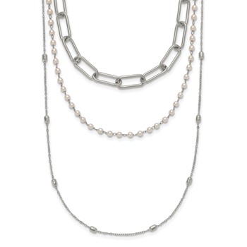"Chisel Stainless Steel Polished Paperclip Link, Beaded Chain and with White Freshwater Cultured Pearl Layered 13.5 inch Plus a 2 inch Extension Necklace"