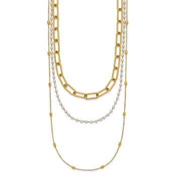 "Chisel Stainless Steel Polished Yellow IP-plated Paperclip Link, Beaded Chain and White Freshwater Cultured Pearl Layered 13.5 inch Plus a 2 inch Extension Necklace " — alternate view