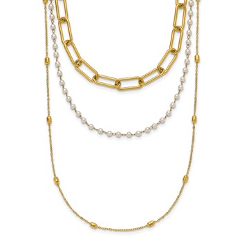 "Chisel Stainless Steel Polished Yellow IP-plated Paperclip Link, Beaded Chain and White Freshwater Cultured Pearl Layered 13.5 inch Plus a 2 inch Extension Necklace "
