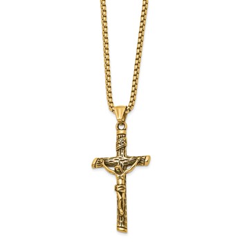 Chisel Stainless Steel Antiqued and Polished Yellow IP-plated INRI Crucifix Pendant on a 22 inch Box Chain Necklace — alternate view