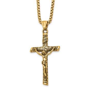 Chisel Stainless Steel Antiqued and Polished Yellow IP-plated INRI Crucifix Pendant on a 22 inch Box Chain Necklace