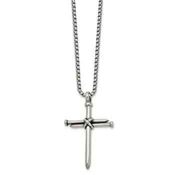 Chisel Stainless Steel Polished Antiqued and Polished Cross of Nails Pendant on a 22 inch Box Chain Necklace — alternate view