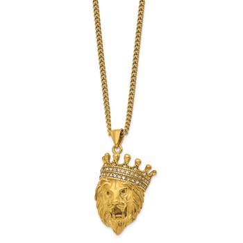 Chisel Stainless Steel Polished Yellow IP-plated with CZ Crown Lion Pendant on a 22 inch Plus a 1.75 inch Extension Curb Chain Necklace — alternate view