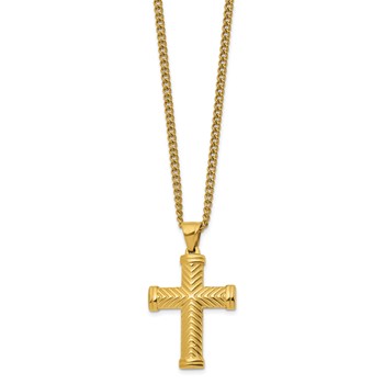 Chisel Stainless Steel Polished Yellow IP-plated Cross Pendant on a 22 inch Plus a 2 inch Curb Chain Necklace — alternate view
